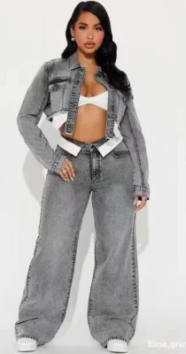 EVE Fashion Denim Long Sleeve Coat Two Piece Pants Set GMYU-6518