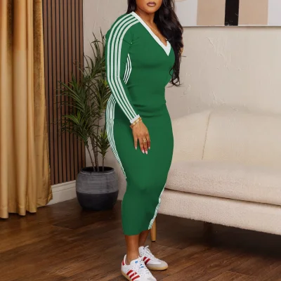 EVE Plus Size Stripe Patchwork V Neck Long Dress ZDF-33107