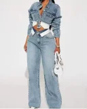 EVE Fashion Denim Long Sleeve Coat Two Piece Pants Set GMYU-6518