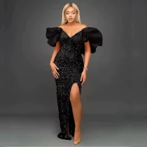 EVE Sequin Ruffles V Neck Split Maxi Dress GMYU-2665