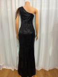EVE Slash Shoulder Chain Sequin Maxi Dress GMYU-2522