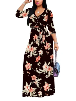 EVE Print V Neck 3/4 Sleeve Maxi Dress XMY-N003