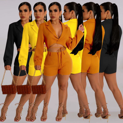 EVE Long Sleeve V Neck Two Piece Shorts Set YD-1155