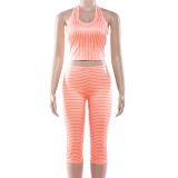 EVE Stripe Print Halterneck Two Piece Shorts Set GZJQ-K25S89624