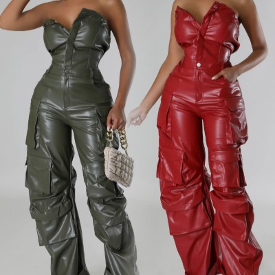EVE Plus Size Off Shoulder PU Leather Jumpsuit GHXF-HX0395