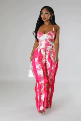 EVE Plus Size Tie Dye Print Sling Bodysuit 2 Piece Pants Set GHXF-HX0319