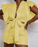 EVE Plus Size Solid Color Tie Up Two Piece Shorts Set GHXF-L073A