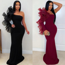 EVE Solid Color Singlle Shoulder Long Sleeve Maxi Dress BY-7610