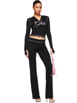 EVE Letter Print Long Sleeve Hooded Two Piece Pants Set CH-25071