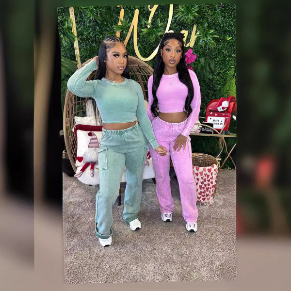 EVE Plus Size Solid Color Long Sleeve Tops Two Piece Pants Set GHXF-HX0406