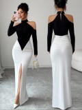 EVE Contrast Color Ruched Split Maxi Dress QODY-6073