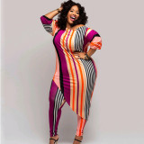 EVE Plus Size Stripe Print Dress+Pants 2 Piece Set GAWE-5530