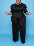 EVE Plus Size Solid Color Tie Up Two Piece Pants Set GAWE-6222