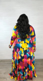 EVE Plus Size Print V Neck Belt Big Swing Maxi Dress GAWE-5115