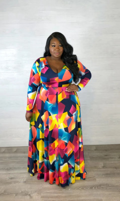 EVE Plus Size Print V Neck Belt Big Swing Maxi Dress GAWE-5115