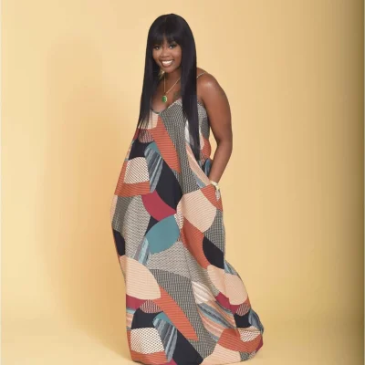 EVE Plus Size Print Loose V Neck Sling Maxi Dress GAWE-5424