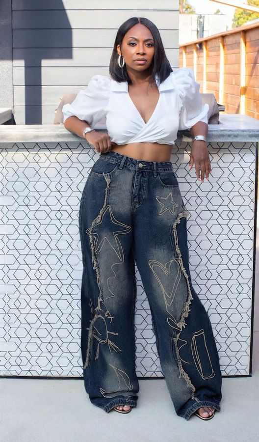 EVE Plus Size Fashion Washed Print Straight Jeans GYLN-8323