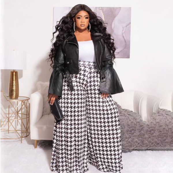 Plus Size Houndstooth Print Oversized Wide-Leg Pants GAWE-5543