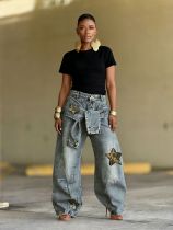 EVE Plus Size Star-Printed Leopard Patchwork Denim Jeans GYLN-8122