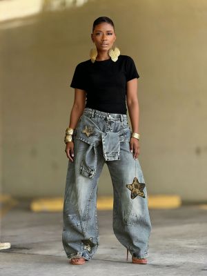 EVE Plus Size Star-Printed Leopard Patchwork Denim Jeans GYLN-8122