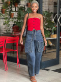 EVE Plus Size Fashion Washed Pockets Wide Leg Jeans GYLN-0682