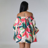 EVE Plus Size Off Shoulder Print Bat Sleeve Mini Dress QYMF-3009