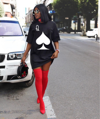 EVE Plus Size Poker-Printed Short-Sleeve Mini Dress GQLK-KG153