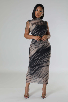 EVE Sleeveless Print Mesh Maxi Dress QHMD-3142