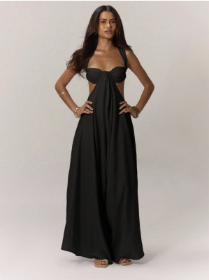 EVE Solid Color Halterneck Tie Up Loose Jumpsuit GQLK-KG1173