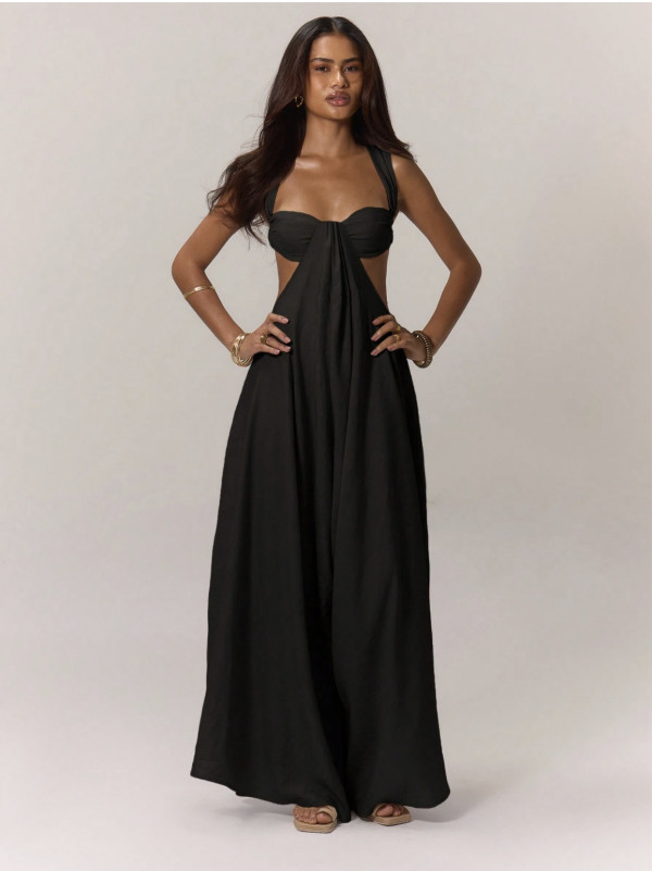 EVE Solid Color Halterneck Tie Up Loose Jumpsuit GQLK-KG1173