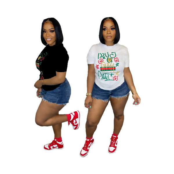 EVE Plus Size Letter Print Short Sleeve T Shirt QYMF-0594