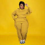 EVE Plus Size Solid Color Hooded Tassel Two Piece Pants Set OSIF-21278