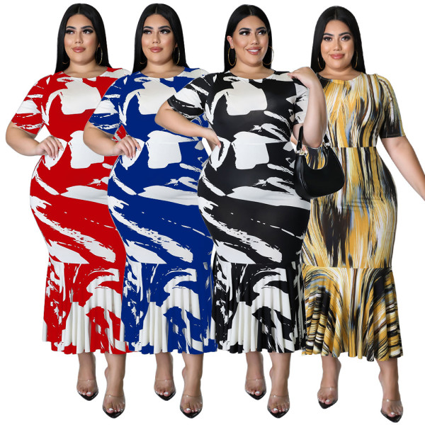 EVE Plus Size Short Sleeve Ruffles Long Dress NNWF-7459