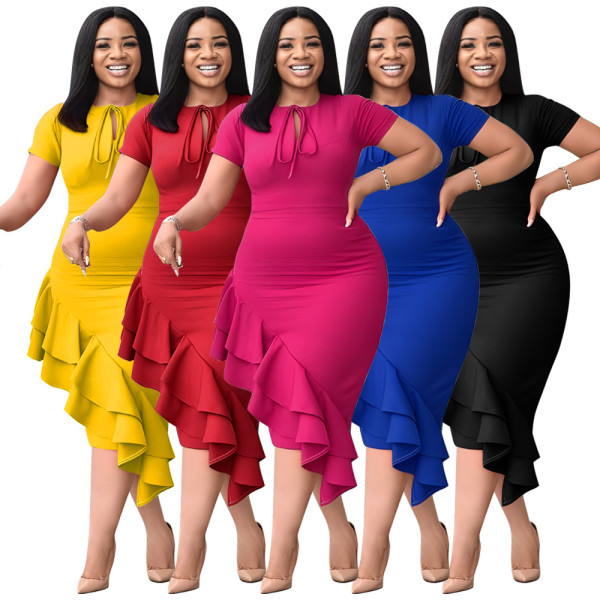 EVE Plus Size Solid Color Tie Up Long Dress NNWF-6054