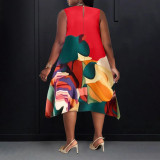 EVE Plus Size Contrast Color Print Sleeve Midi Dress NNWF-6071