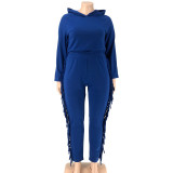 EVE Plus Size Solid Color Hooded Tassel Two Piece Pants Set OSIF-21278
