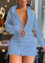 EVE Solid Color Long Sleeve Drawstring Shirt Dress OLYF-6088