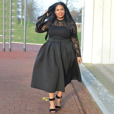 EVE Plus Size Lace Patchwork Long Sleeve Long Dress NNWF-P3040