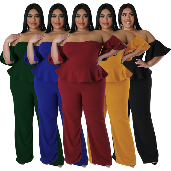 EVE Plus Size Off Shoulder Short Sleeve Wide Leg Jumpsuit NNWF-7797