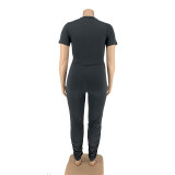 EVE Plus Size Short Sleeve Solid Color Two Piece Pants Set OSIF-20735