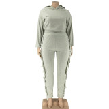 EVE Plus Size Solid Color Hooded Tassel Two Piece Pants Set OSIF-21278