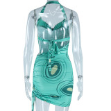 EVE Print Halberneck Drawstring Mini Dress GJYO-756906