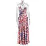 EVE Print Halterneck V Neck Backless Maxi Dress GJYO-303907