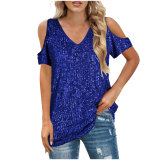 EVE Plus Size Loose V Neck Sequin Short Sleeve Tops GOSD-10242