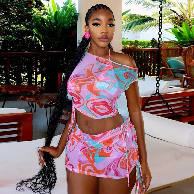 EVE Print Slash Neck Drawstring Two Piece Skirt Set GJYO-711853