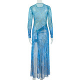 EVE Long Sleeve Print Color Block Split Maxi Dress GJYO-303855