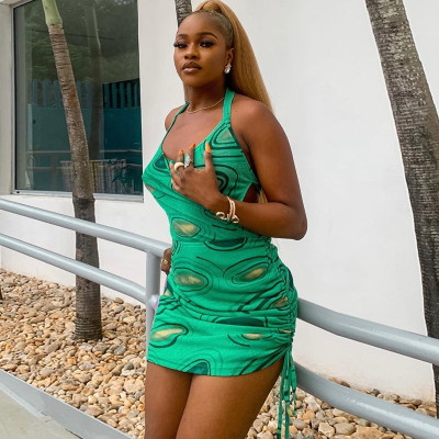 EVE Print Halberneck Drawstring Mini Dress GJYO-756906