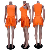 EVE Solid Color Sleeveless Tassel Two Piece Shorts Set MDF-5330