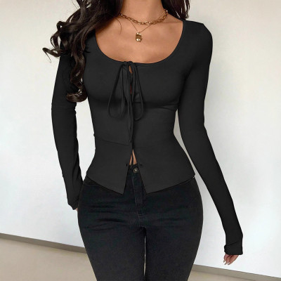 EVE Solid Color Long Sleeve Tie Up Tops GZJF-2642