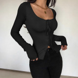 EVE Solid Color Long Sleeve Tie Up Tops GZJF-2642